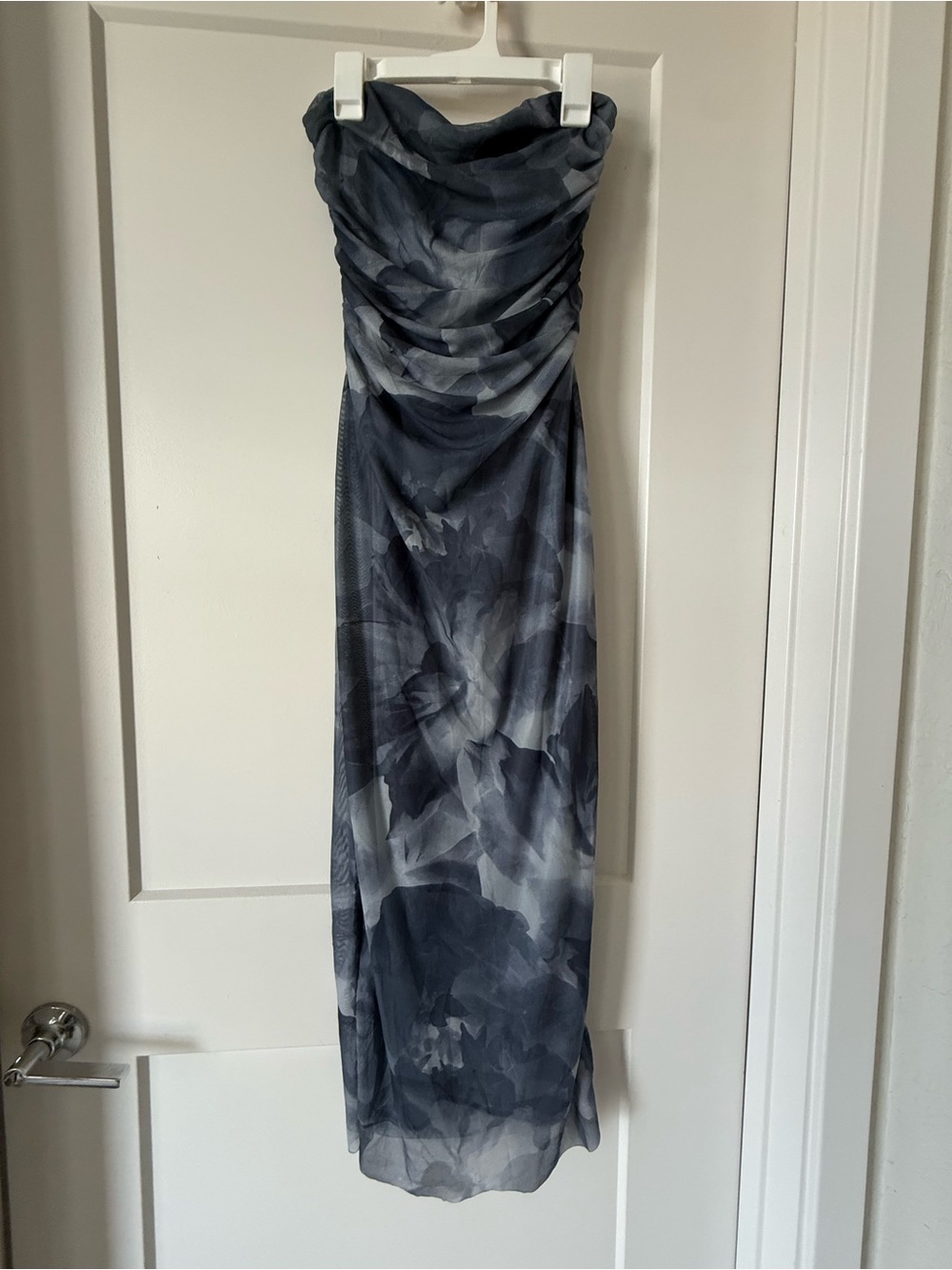 Strapless Gray Floral Print Maxi Dress